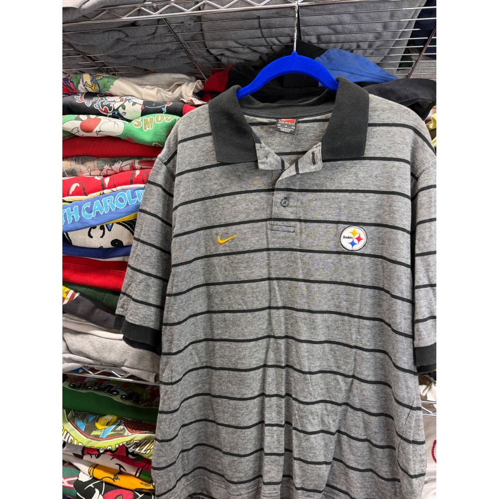 Nike Team Pittsburgh Steelers Striped Polo Shirt Mens Medium Grey Black NFL 6414